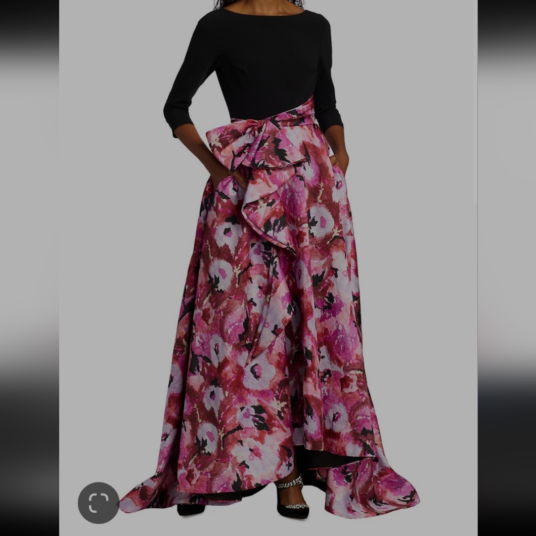 Theia Viola High Low Taffeta Floral Colorblock Tailored Dress